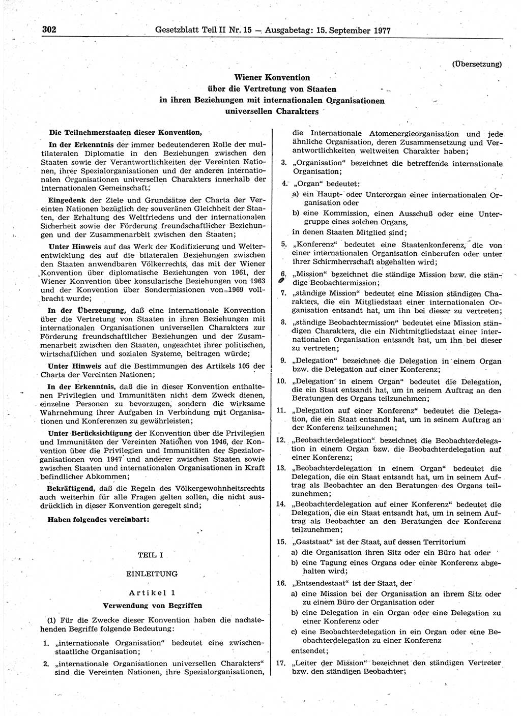 Gesetzblatt (GBl.) der Deutschen Demokratischen Republik (DDR) Teil ⅠⅠ 1977, Seite 302 (GBl. DDR ⅠⅠ 1977, S. 302)