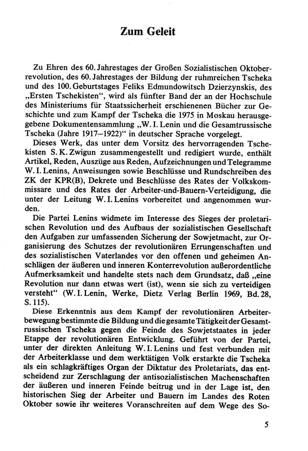 Lenin und die Gesamtrussische Tscheka, Dokumentensammlung, Ministerium für Staatssicherheit (MfS) [Deutsche Demokratische Republik (DDR)], Juristische Hochschule (JHS) Potsdam 1977, Seite 5 (Tscheka Dok. MfS DDR 1977, S. 5)