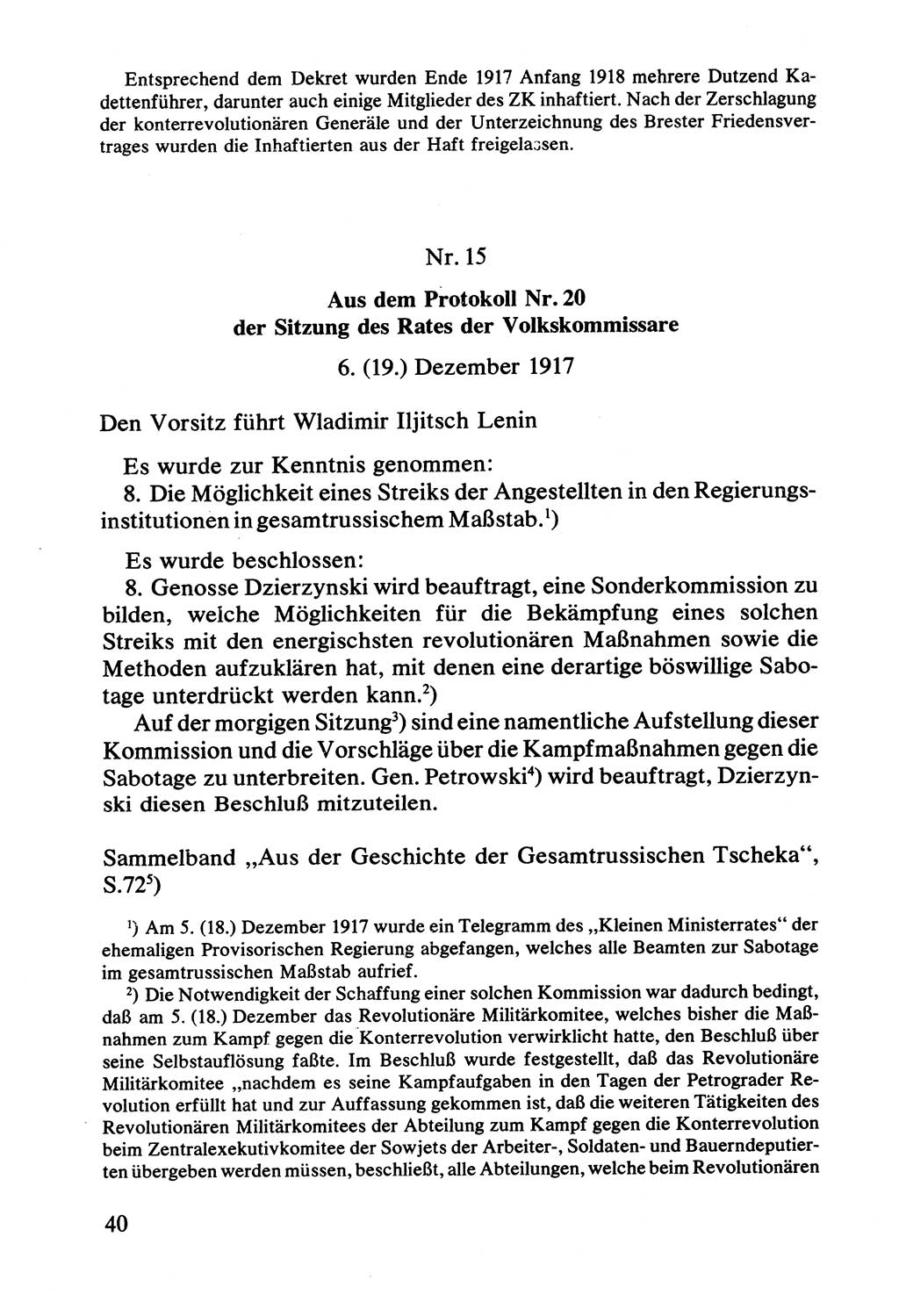 Lenin und die Gesamtrussische Tscheka, Dokumentensammlung, Ministerium für Staatssicherheit (MfS) [Deutsche Demokratische Republik (DDR)], Juristische Hochschule (JHS) Potsdam 1977, Seite 40 (Tscheka Dok. MfS DDR 1977, S. 40)