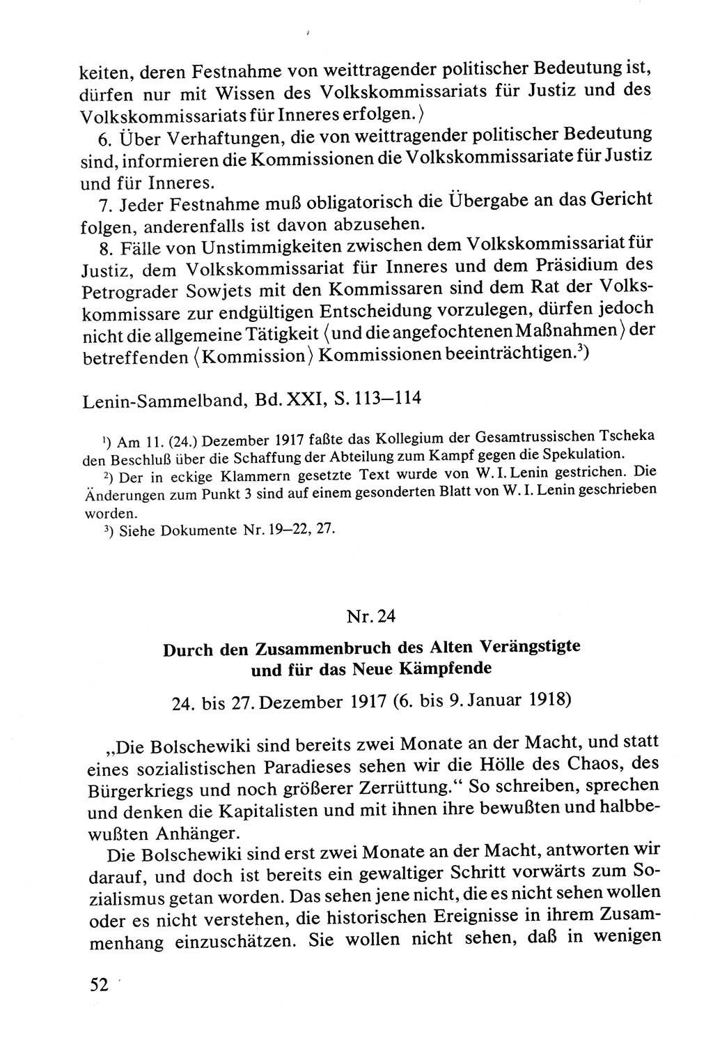 Lenin und die Gesamtrussische Tscheka, Dokumentensammlung, Ministerium für Staatssicherheit (MfS) [Deutsche Demokratische Republik (DDR)], Juristische Hochschule (JHS) Potsdam 1977, Seite 52 (Tscheka Dok. MfS DDR 1977, S. 52)