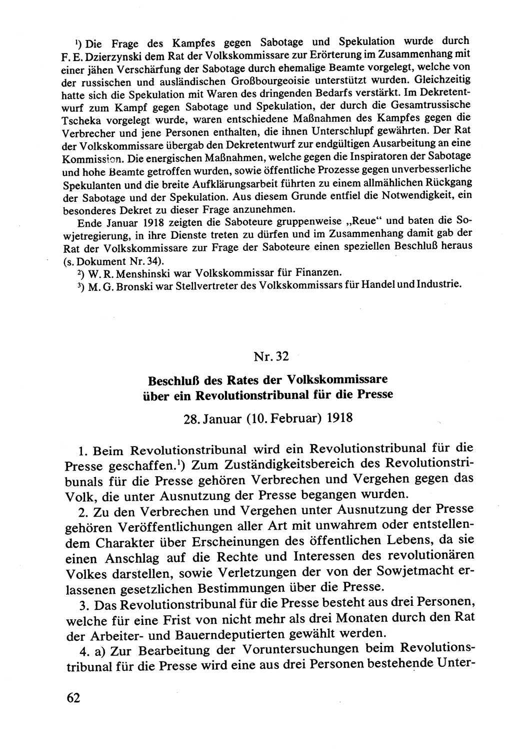 Lenin und die Gesamtrussische Tscheka, Dokumentensammlung, Ministerium für Staatssicherheit (MfS) [Deutsche Demokratische Republik (DDR)], Juristische Hochschule (JHS) Potsdam 1977, Seite 62 (Tscheka Dok. MfS DDR 1977, S. 62)