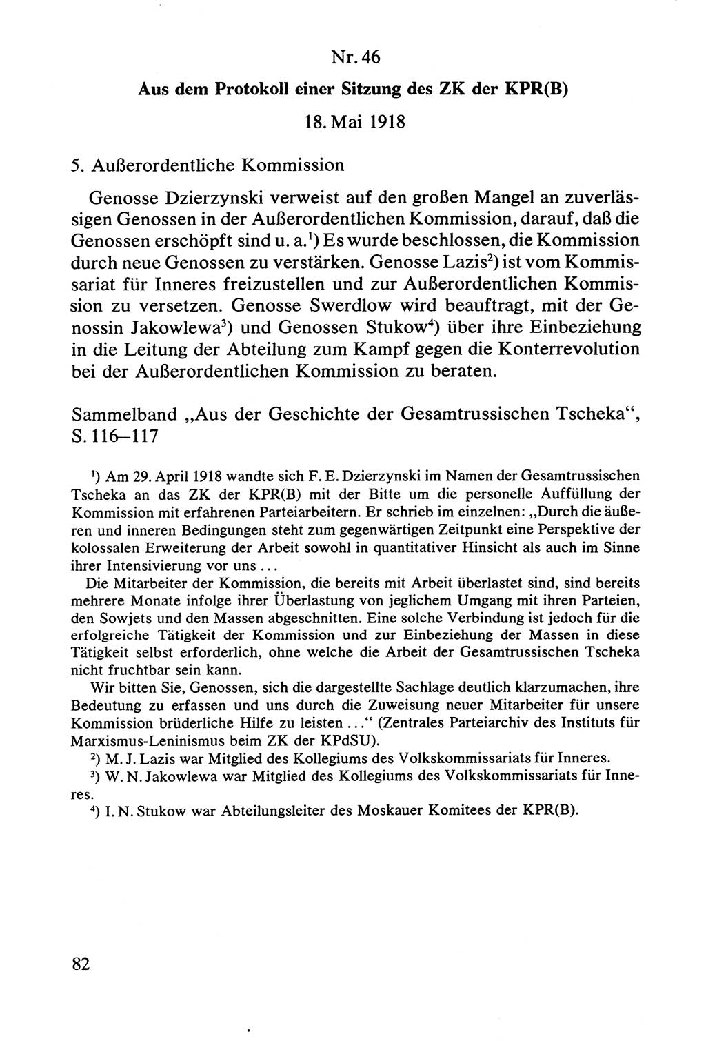 Lenin und die Gesamtrussische Tscheka, Dokumentensammlung, Ministerium für Staatssicherheit (MfS) [Deutsche Demokratische Republik (DDR)], Juristische Hochschule (JHS) Potsdam 1977, Seite 82 (Tscheka Dok. MfS DDR 1977, S. 82)