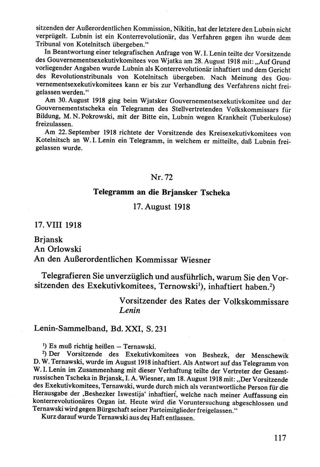 Lenin und die Gesamtrussische Tscheka, Dokumentensammlung, Ministerium für Staatssicherheit (MfS) [Deutsche Demokratische Republik (DDR)], Juristische Hochschule (JHS) Potsdam 1977, Seite 117 (Tscheka Dok. MfS DDR 1977, S. 117)