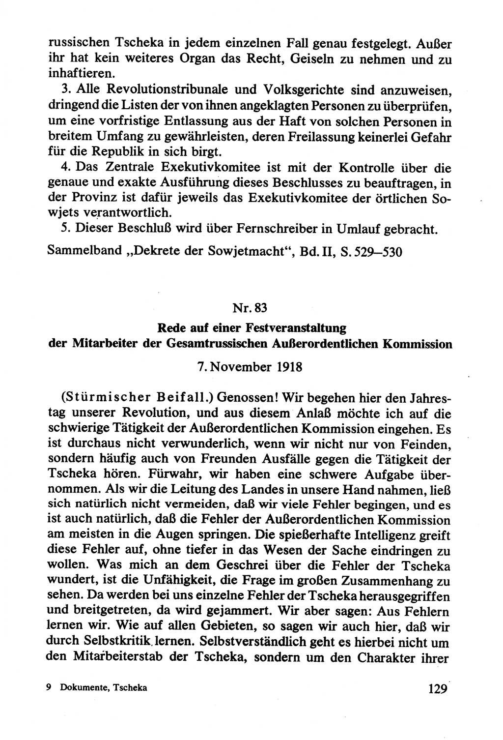 Lenin und die Gesamtrussische Tscheka, Dokumentensammlung, Ministerium für Staatssicherheit (MfS) [Deutsche Demokratische Republik (DDR)], Juristische Hochschule (JHS) Potsdam 1977, Seite 129 (Tscheka Dok. MfS DDR 1977, S. 129)