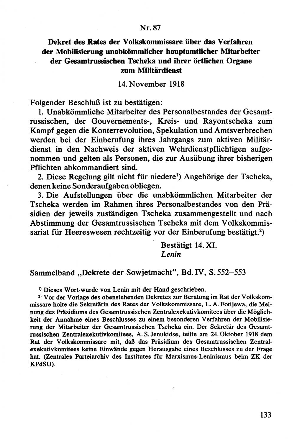 Lenin und die Gesamtrussische Tscheka, Dokumentensammlung, Ministerium für Staatssicherheit (MfS) [Deutsche Demokratische Republik (DDR)], Juristische Hochschule (JHS) Potsdam 1977, Seite 133 (Tscheka Dok. MfS DDR 1977, S. 133)