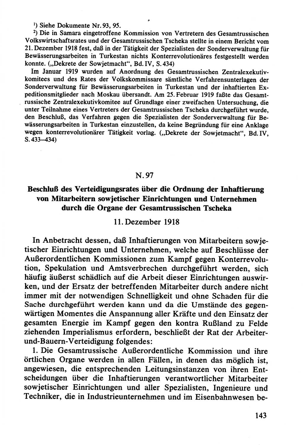 Lenin und die Gesamtrussische Tscheka, Dokumentensammlung, Ministerium für Staatssicherheit (MfS) [Deutsche Demokratische Republik (DDR)], Juristische Hochschule (JHS) Potsdam 1977, Seite 143 (Tscheka Dok. MfS DDR 1977, S. 143)