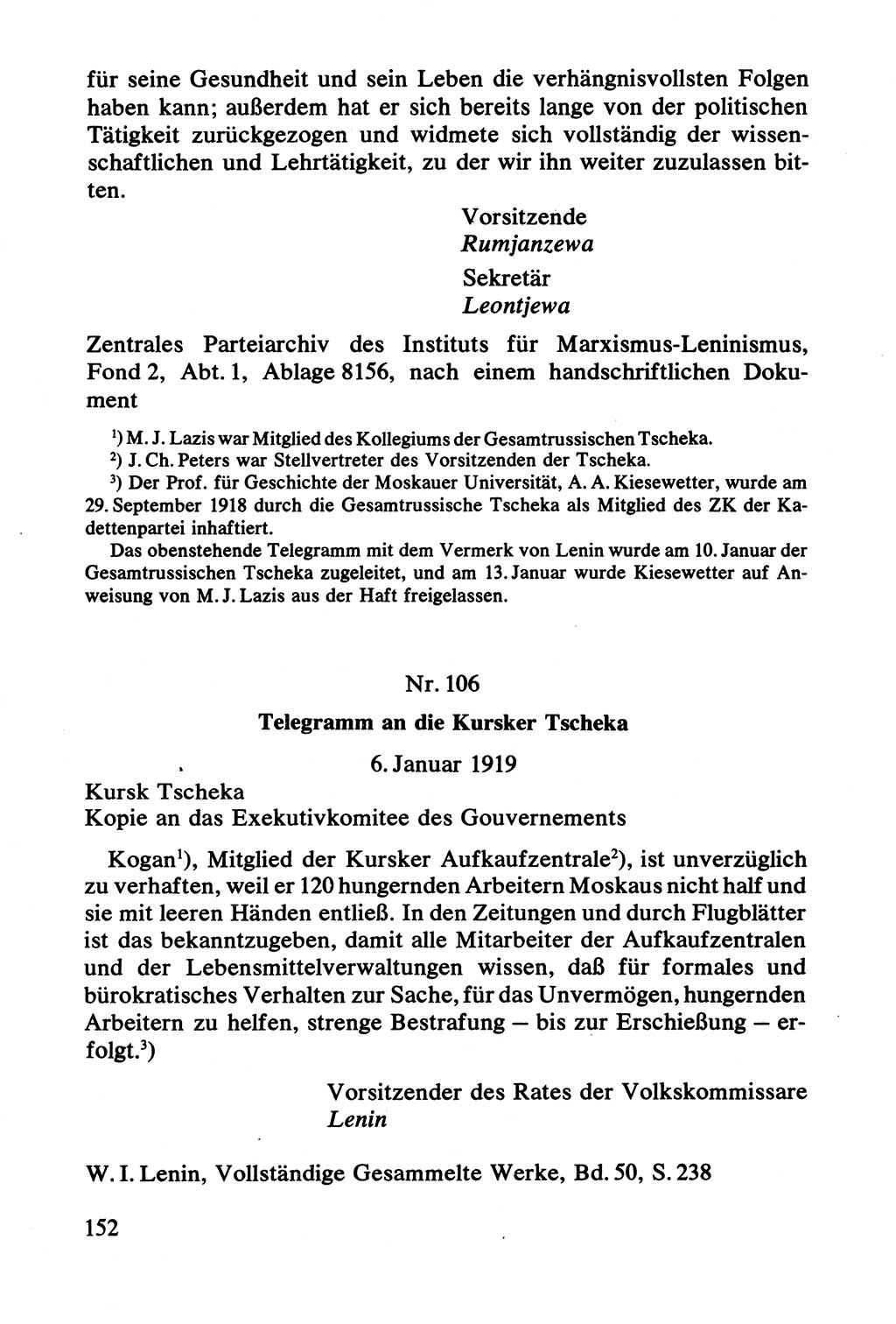 Lenin und die Gesamtrussische Tscheka, Dokumentensammlung, Ministerium für Staatssicherheit (MfS) [Deutsche Demokratische Republik (DDR)], Juristische Hochschule (JHS) Potsdam 1977, Seite 152 (Tscheka Dok. MfS DDR 1977, S. 152)