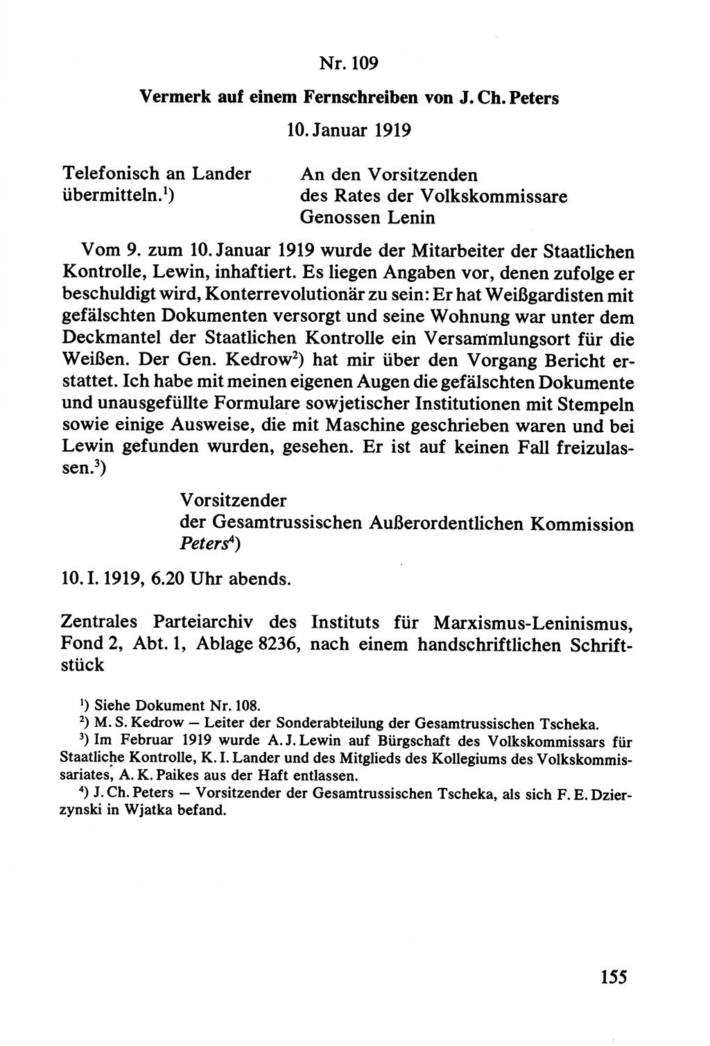 Lenin und die Gesamtrussische Tscheka, Dokumentensammlung, Ministerium für Staatssicherheit (MfS) [Deutsche Demokratische Republik (DDR)], Juristische Hochschule (JHS) Potsdam 1977, Seite 155 (Tscheka Dok. MfS DDR 1977, S. 155)