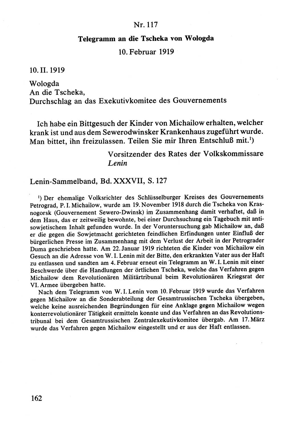 Lenin und die Gesamtrussische Tscheka, Dokumentensammlung, Ministerium für Staatssicherheit (MfS) [Deutsche Demokratische Republik (DDR)], Juristische Hochschule (JHS) Potsdam 1977, Seite 162 (Tscheka Dok. MfS DDR 1977, S. 162)