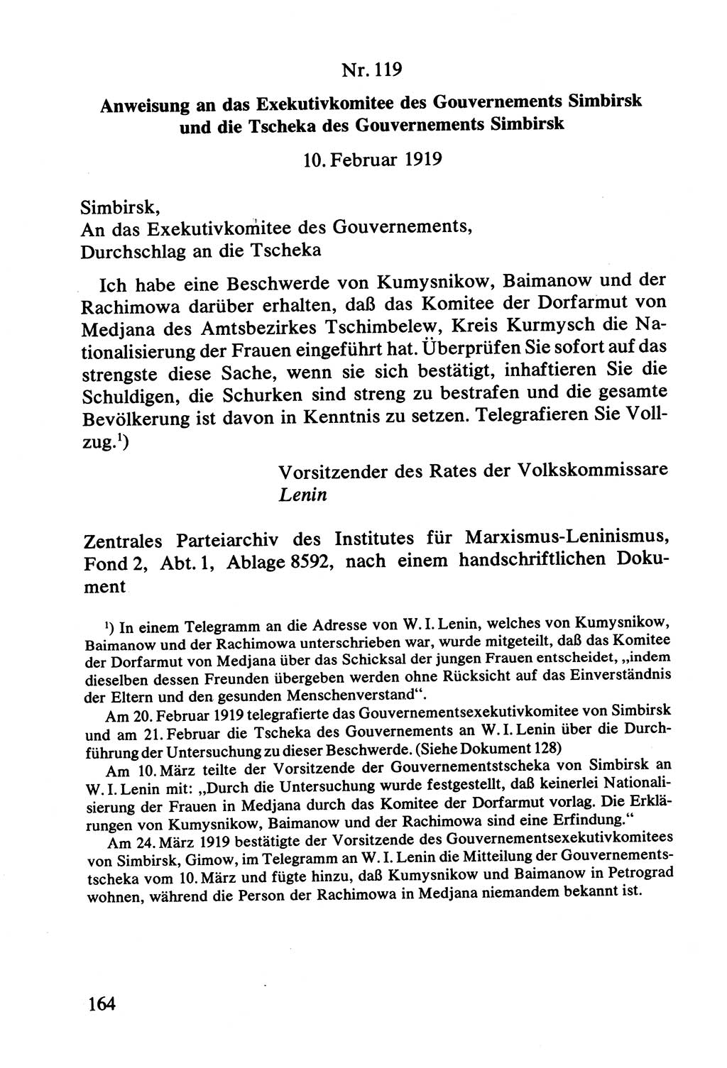 Lenin und die Gesamtrussische Tscheka, Dokumentensammlung, Ministerium für Staatssicherheit (MfS) [Deutsche Demokratische Republik (DDR)], Juristische Hochschule (JHS) Potsdam 1977, Seite 164 (Tscheka Dok. MfS DDR 1977, S. 164)