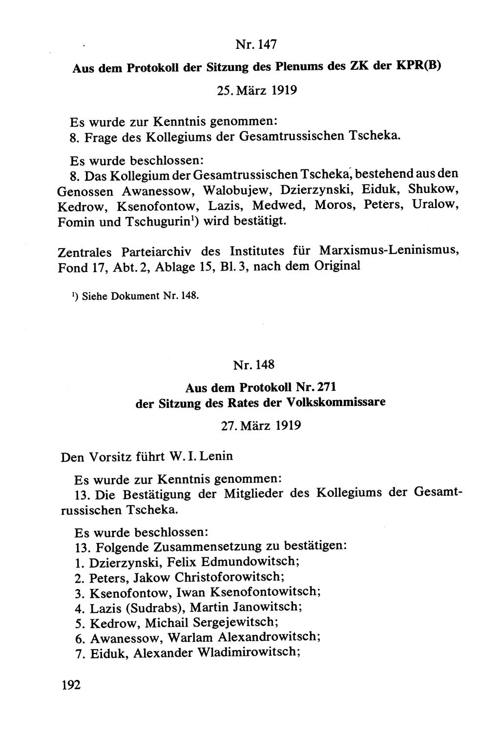 Lenin und die Gesamtrussische Tscheka, Dokumentensammlung, Ministerium für Staatssicherheit (MfS) [Deutsche Demokratische Republik (DDR)], Juristische Hochschule (JHS) Potsdam 1977, Seite 192 (Tscheka Dok. MfS DDR 1977, S. 192)