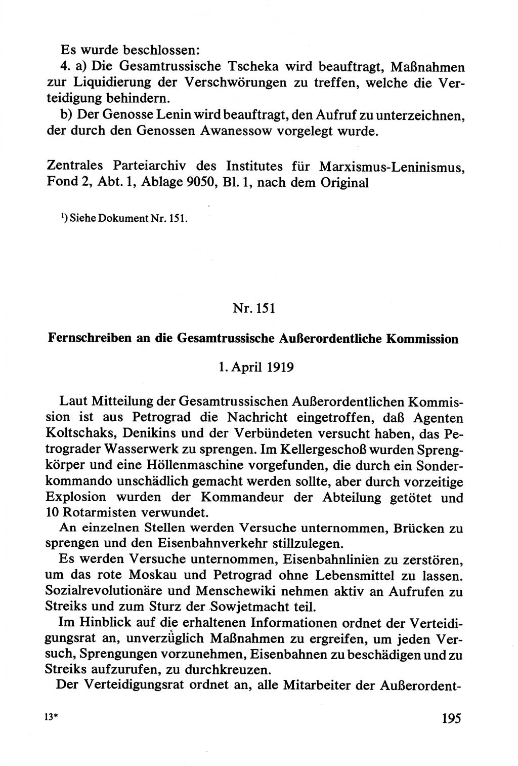 Lenin und die Gesamtrussische Tscheka, Dokumentensammlung, Ministerium für Staatssicherheit (MfS) [Deutsche Demokratische Republik (DDR)], Juristische Hochschule (JHS) Potsdam 1977, Seite 195 (Tscheka Dok. MfS DDR 1977, S. 195)