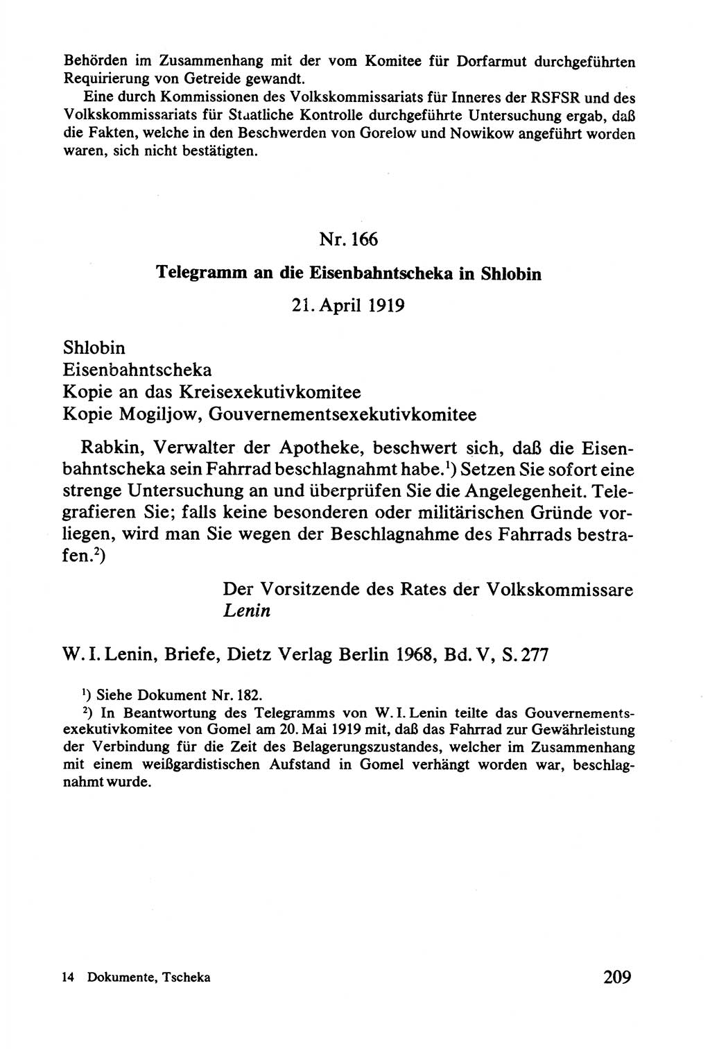 Lenin und die Gesamtrussische Tscheka, Dokumentensammlung, Ministerium für Staatssicherheit (MfS) [Deutsche Demokratische Republik (DDR)], Juristische Hochschule (JHS) Potsdam 1977, Seite 209 (Tscheka Dok. MfS DDR 1977, S. 209)