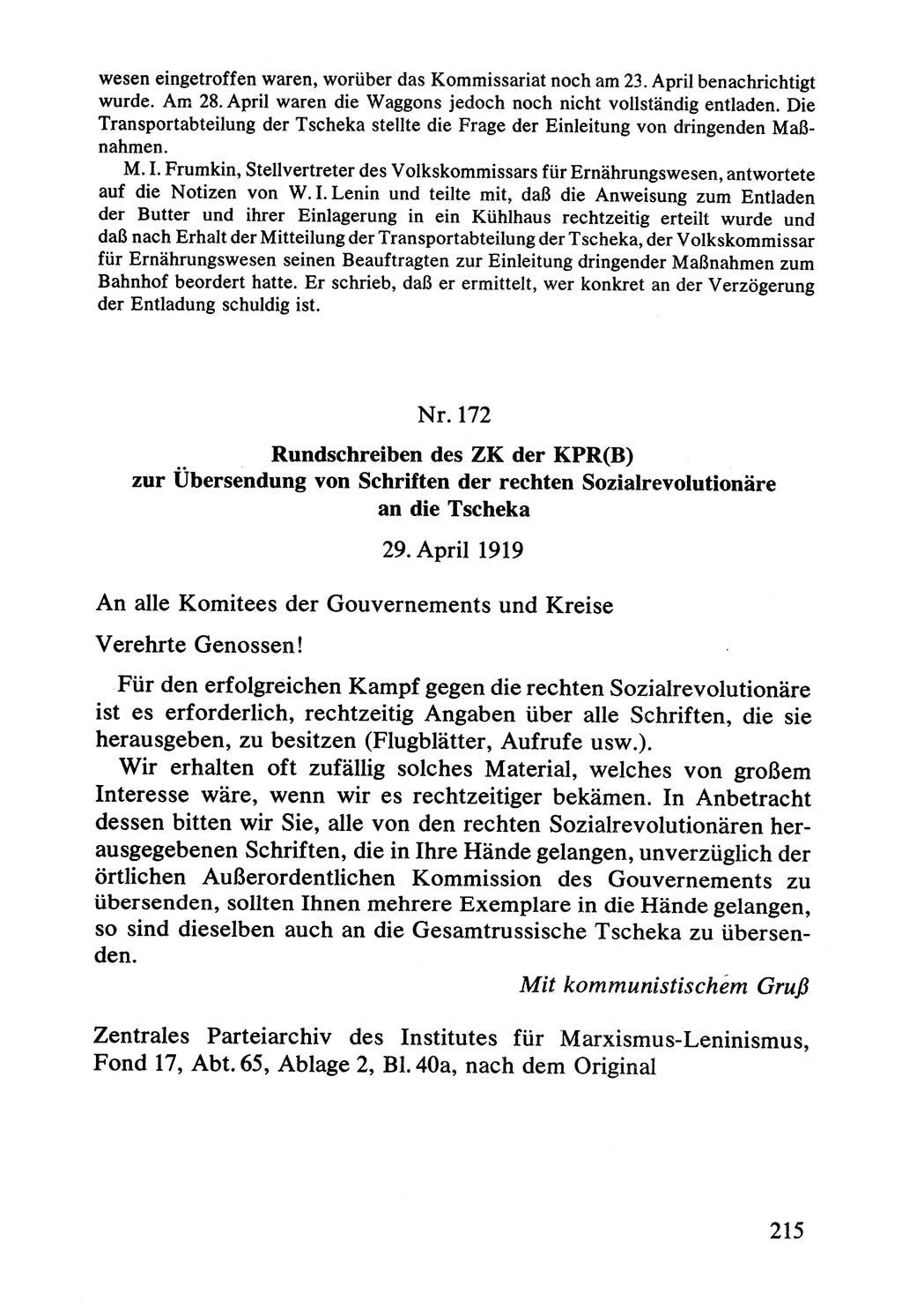 Lenin und die Gesamtrussische Tscheka, Dokumentensammlung, Ministerium für Staatssicherheit (MfS) [Deutsche Demokratische Republik (DDR)], Juristische Hochschule (JHS) Potsdam 1977, Seite 215 (Tscheka Dok. MfS DDR 1977, S. 215)