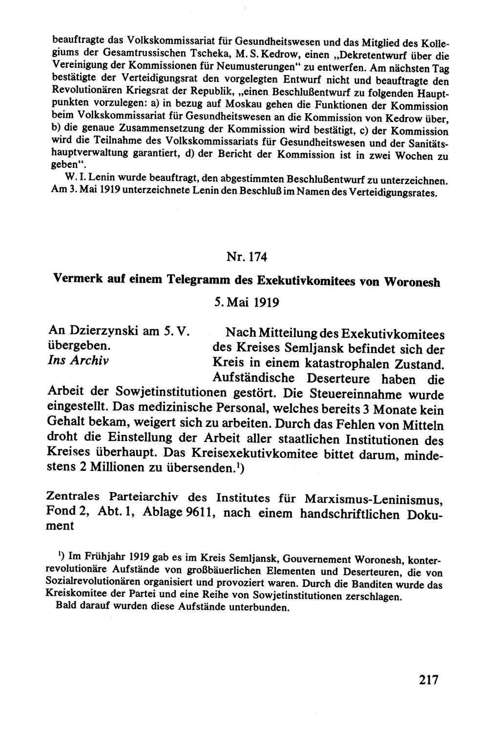 Lenin und die Gesamtrussische Tscheka, Dokumentensammlung, Ministerium für Staatssicherheit (MfS) [Deutsche Demokratische Republik (DDR)], Juristische Hochschule (JHS) Potsdam 1977, Seite 217 (Tscheka Dok. MfS DDR 1977, S. 217)