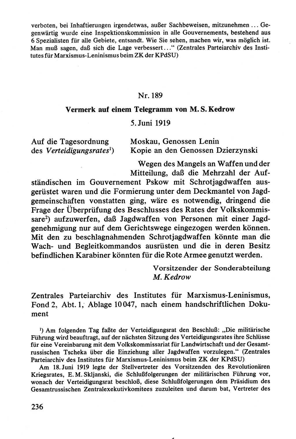 Lenin und die Gesamtrussische Tscheka, Dokumentensammlung, Ministerium für Staatssicherheit (MfS) [Deutsche Demokratische Republik (DDR)], Juristische Hochschule (JHS) Potsdam 1977, Seite 236 (Tscheka Dok. MfS DDR 1977, S. 236)