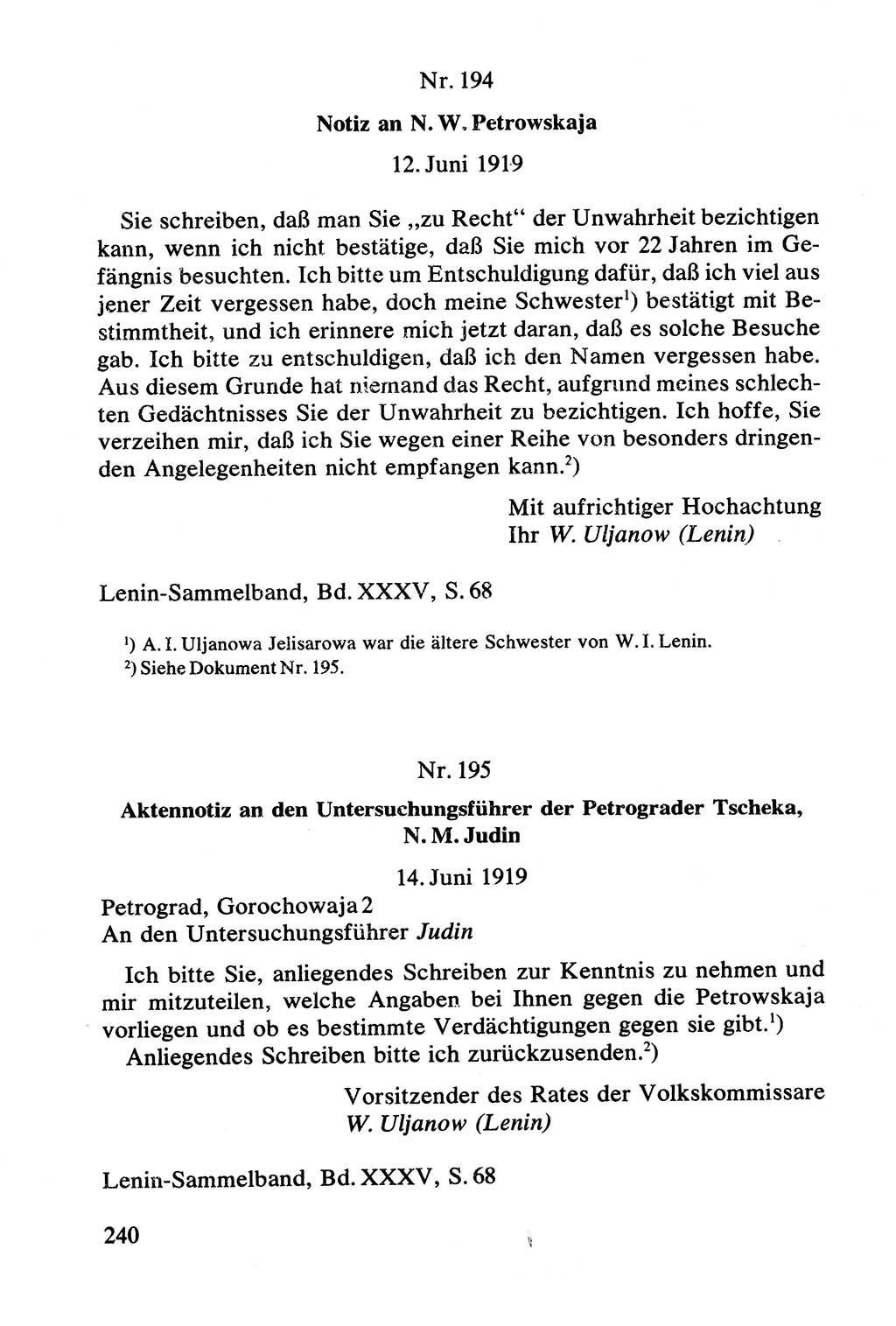 Lenin und die Gesamtrussische Tscheka, Dokumentensammlung, Ministerium für Staatssicherheit (MfS) [Deutsche Demokratische Republik (DDR)], Juristische Hochschule (JHS) Potsdam 1977, Seite 240 (Tscheka Dok. MfS DDR 1977, S. 240)