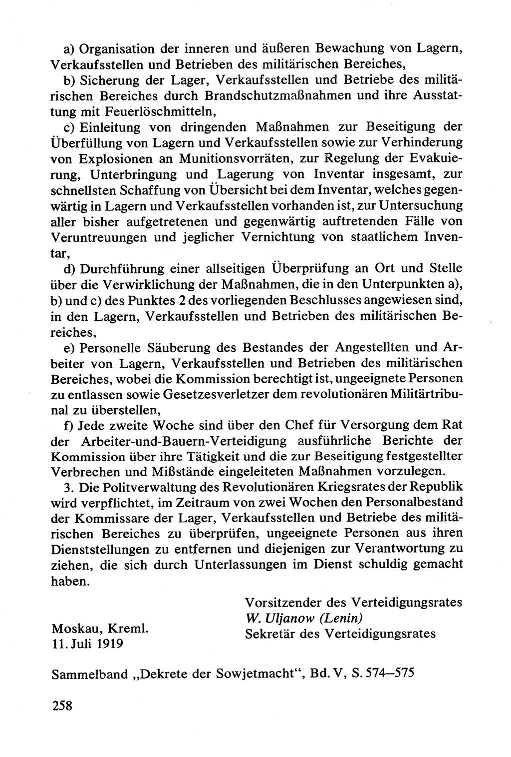 Lenin und die Gesamtrussische Tscheka, Dokumentensammlung, Ministerium für Staatssicherheit (MfS) [Deutsche Demokratische Republik (DDR)], Juristische Hochschule (JHS) Potsdam 1977, Seite 258 (Tscheka Dok. MfS DDR 1977, S. 258)