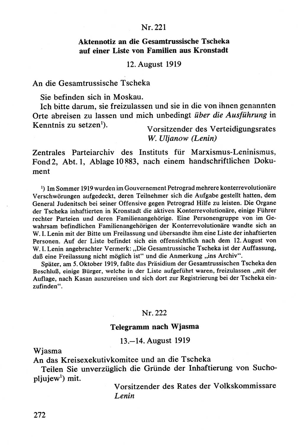 Lenin und die Gesamtrussische Tscheka, Dokumentensammlung, Ministerium für Staatssicherheit (MfS) [Deutsche Demokratische Republik (DDR)], Juristische Hochschule (JHS) Potsdam 1977, Seite 272 (Tscheka Dok. MfS DDR 1977, S. 272)