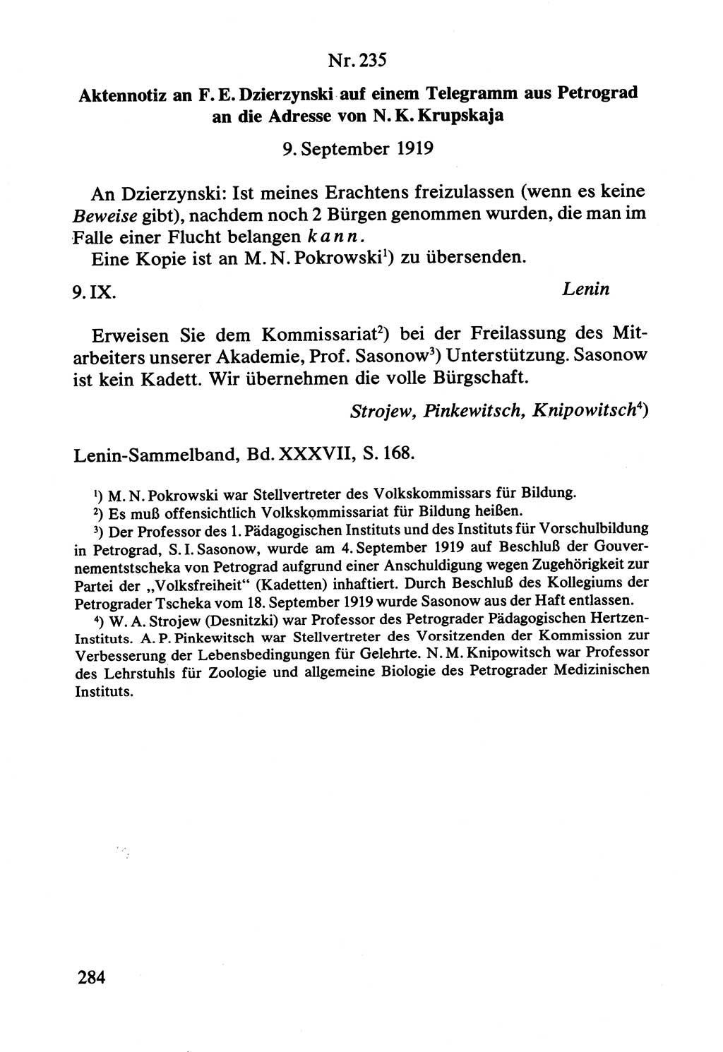 Lenin und die Gesamtrussische Tscheka, Dokumentensammlung, Ministerium für Staatssicherheit (MfS) [Deutsche Demokratische Republik (DDR)], Juristische Hochschule (JHS) Potsdam 1977, Seite 284 (Tscheka Dok. MfS DDR 1977, S. 284)