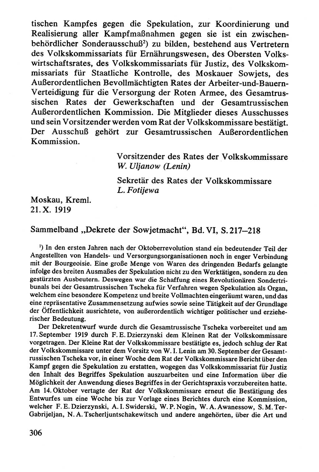 Lenin und die Gesamtrussische Tscheka, Dokumentensammlung, Ministerium für Staatssicherheit (MfS) [Deutsche Demokratische Republik (DDR)], Juristische Hochschule (JHS) Potsdam 1977, Seite 306 (Tscheka Dok. MfS DDR 1977, S. 306)