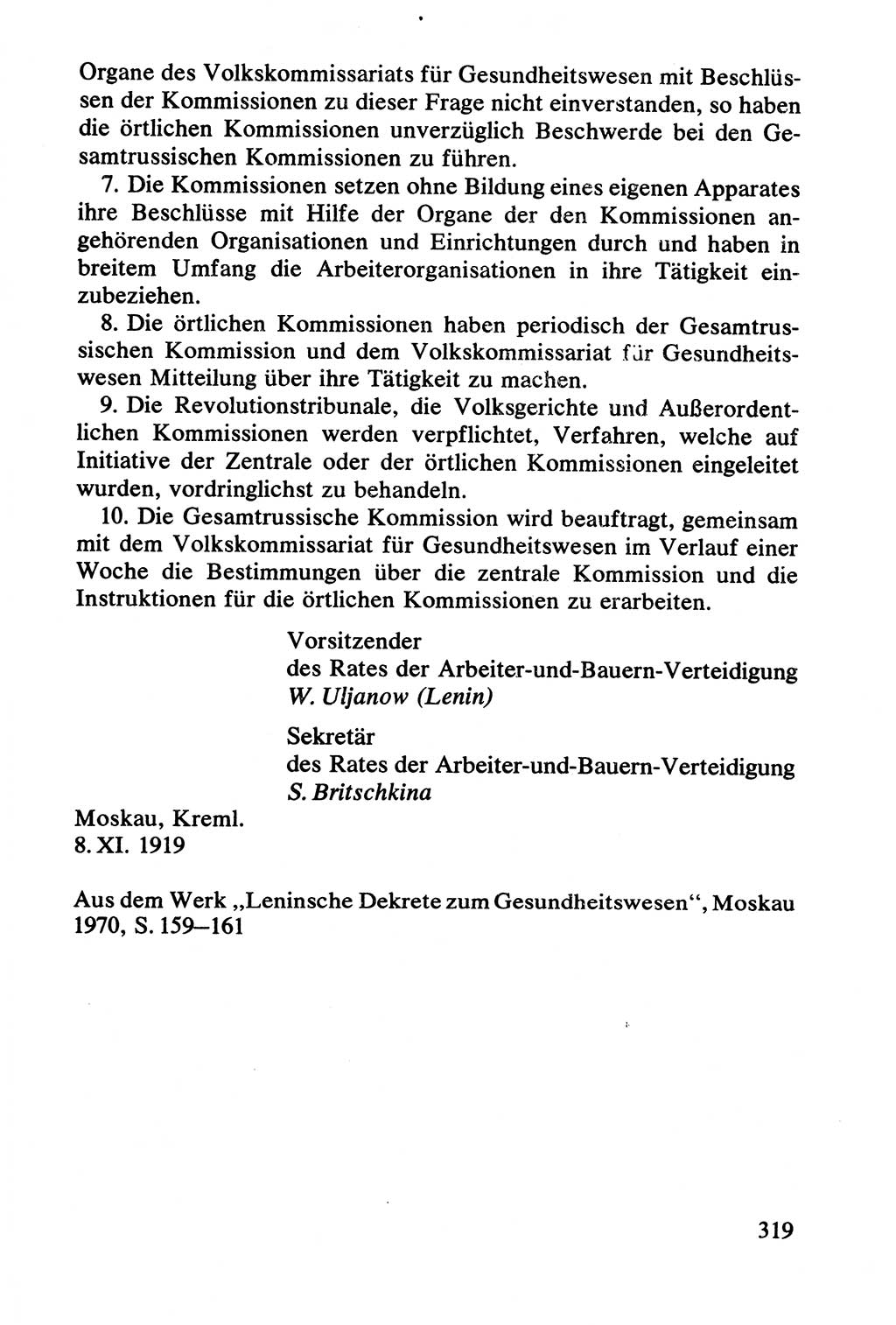 Lenin und die Gesamtrussische Tscheka, Dokumentensammlung, Ministerium für Staatssicherheit (MfS) [Deutsche Demokratische Republik (DDR)], Juristische Hochschule (JHS) Potsdam 1977, Seite 319 (Tscheka Dok. MfS DDR 1977, S. 319)