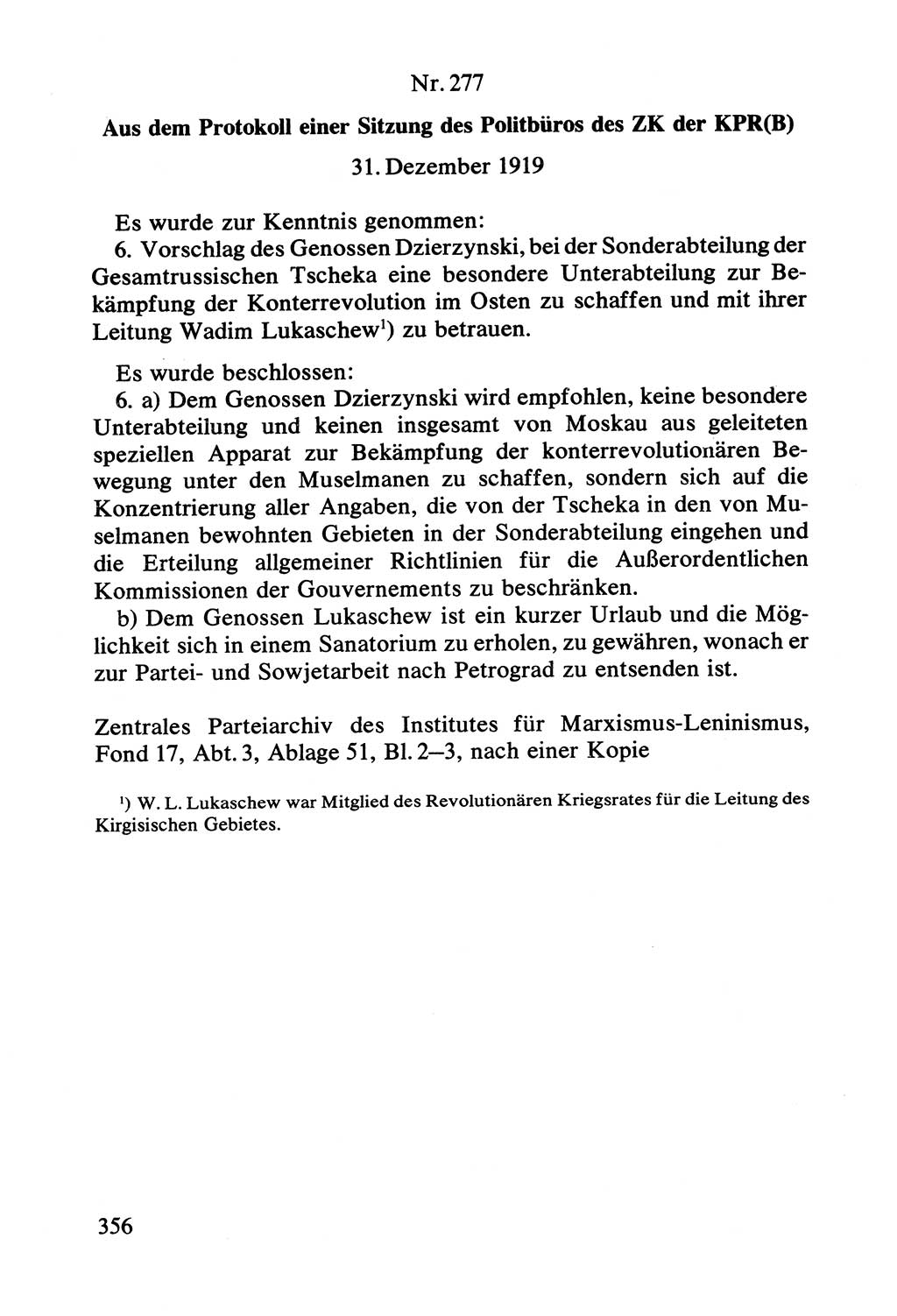 Lenin und die Gesamtrussische Tscheka, Dokumentensammlung, Ministerium für Staatssicherheit (MfS) [Deutsche Demokratische Republik (DDR)], Juristische Hochschule (JHS) Potsdam 1977, Seite 356 (Tscheka Dok. MfS DDR 1977, S. 356)