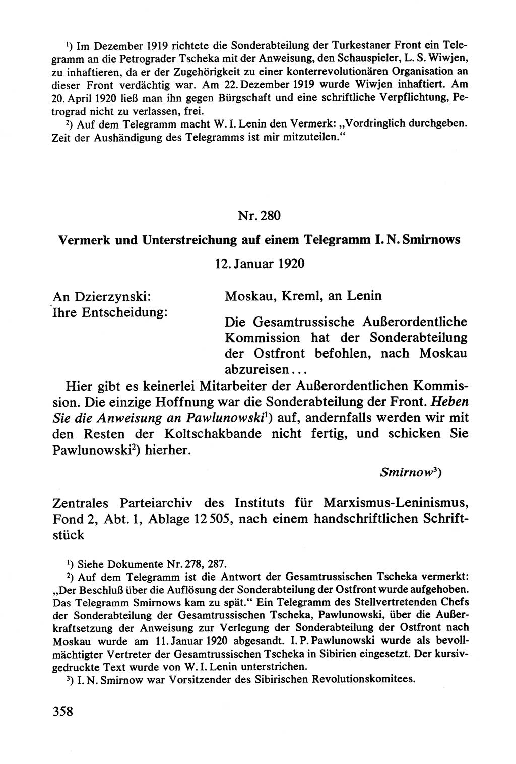 Lenin und die Gesamtrussische Tscheka, Dokumentensammlung, Ministerium für Staatssicherheit (MfS) [Deutsche Demokratische Republik (DDR)], Juristische Hochschule (JHS) Potsdam 1977, Seite 358 (Tscheka Dok. MfS DDR 1977, S. 358)