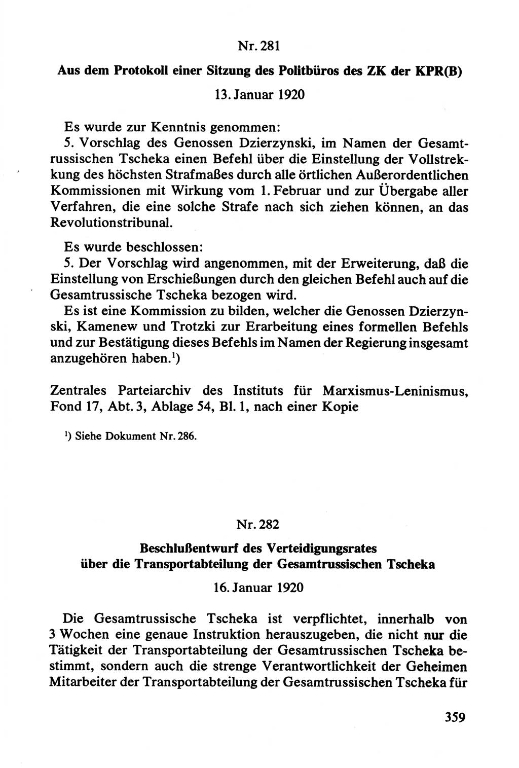 Lenin und die Gesamtrussische Tscheka, Dokumentensammlung, Ministerium für Staatssicherheit (MfS) [Deutsche Demokratische Republik (DDR)], Juristische Hochschule (JHS) Potsdam 1977, Seite 359 (Tscheka Dok. MfS DDR 1977, S. 359)