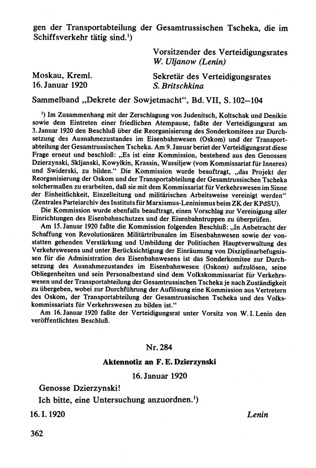 Lenin und die Gesamtrussische Tscheka, Dokumentensammlung, Ministerium für Staatssicherheit (MfS) [Deutsche Demokratische Republik (DDR)], Juristische Hochschule (JHS) Potsdam 1977, Seite 362 (Tscheka Dok. MfS DDR 1977, S. 362)