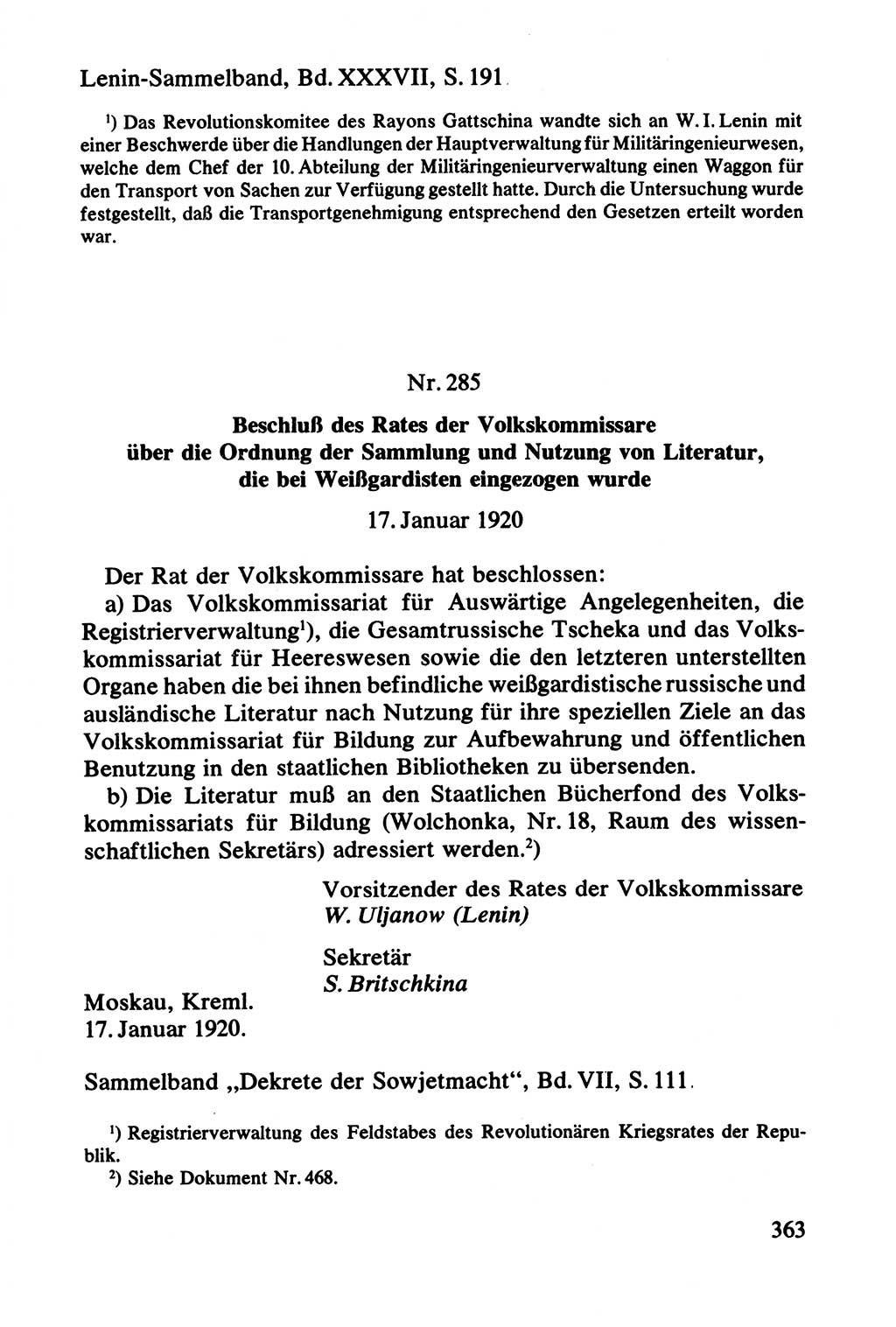 Lenin und die Gesamtrussische Tscheka, Dokumentensammlung, Ministerium für Staatssicherheit (MfS) [Deutsche Demokratische Republik (DDR)], Juristische Hochschule (JHS) Potsdam 1977, Seite 363 (Tscheka Dok. MfS DDR 1977, S. 363)