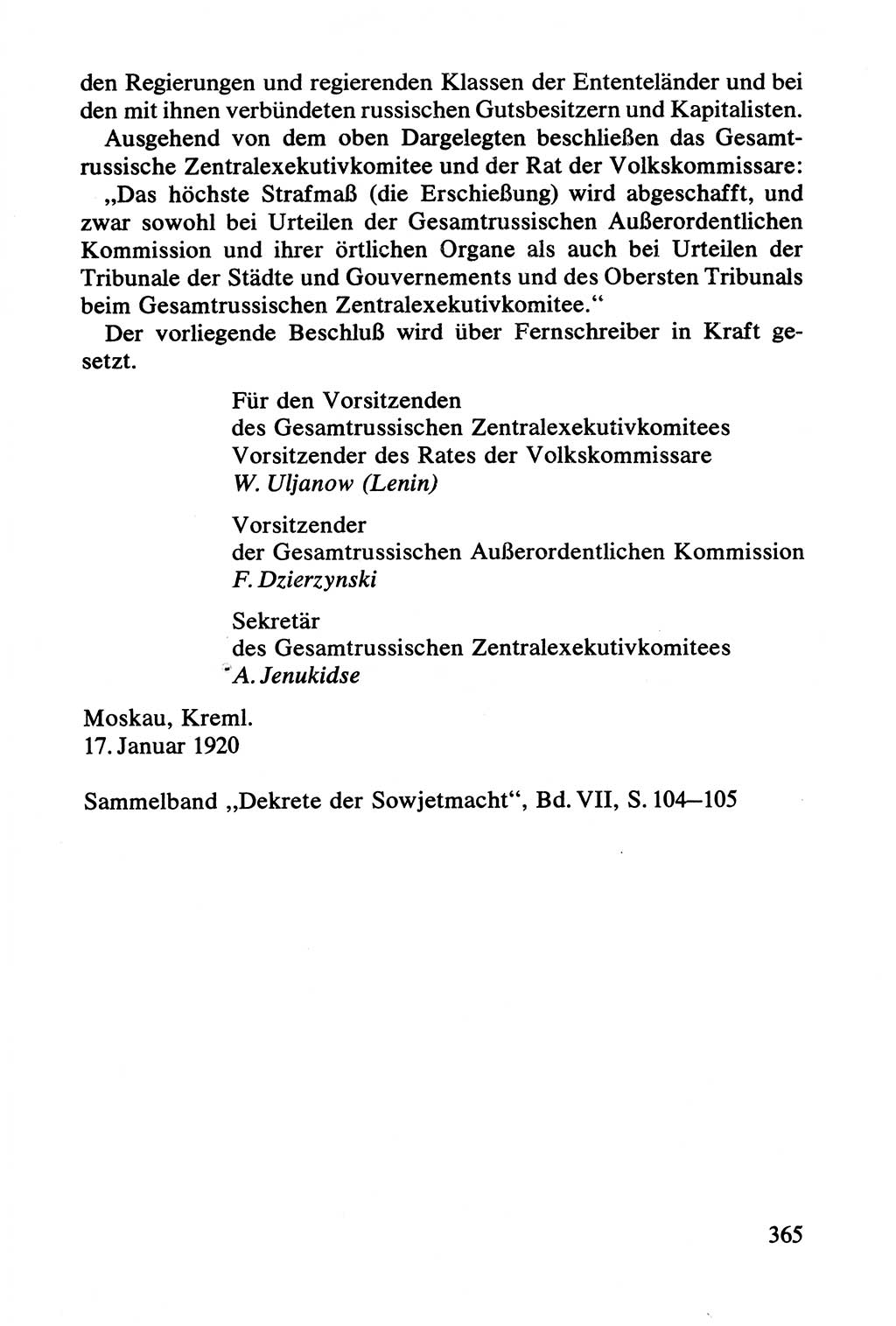 Lenin und die Gesamtrussische Tscheka, Dokumentensammlung, Ministerium für Staatssicherheit (MfS) [Deutsche Demokratische Republik (DDR)], Juristische Hochschule (JHS) Potsdam 1977, Seite 365 (Tscheka Dok. MfS DDR 1977, S. 365)