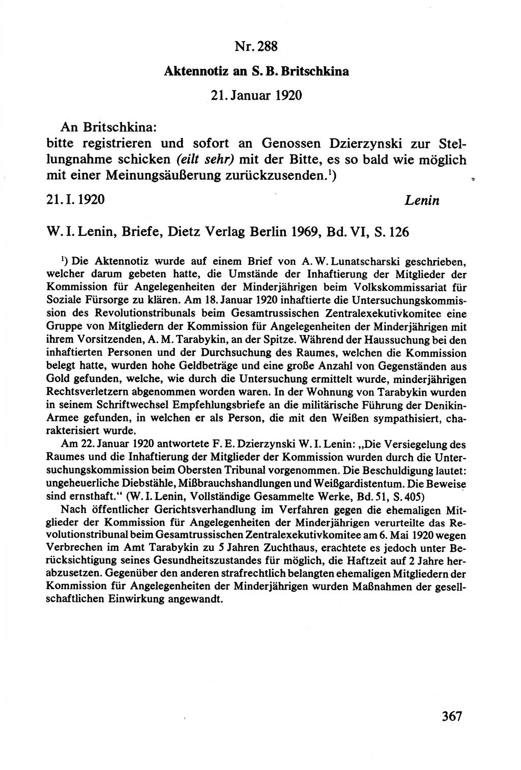 Lenin und die Gesamtrussische Tscheka, Dokumentensammlung, Ministerium für Staatssicherheit (MfS) [Deutsche Demokratische Republik (DDR)], Juristische Hochschule (JHS) Potsdam 1977, Seite 367 (Tscheka Dok. MfS DDR 1977, S. 367)