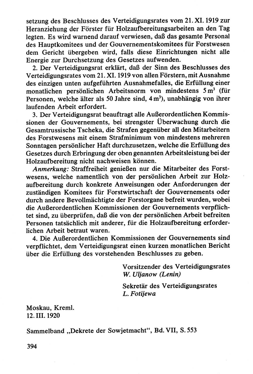 Lenin und die Gesamtrussische Tscheka, Dokumentensammlung, Ministerium für Staatssicherheit (MfS) [Deutsche Demokratische Republik (DDR)], Juristische Hochschule (JHS) Potsdam 1977, Seite 394 (Tscheka Dok. MfS DDR 1977, S. 394)