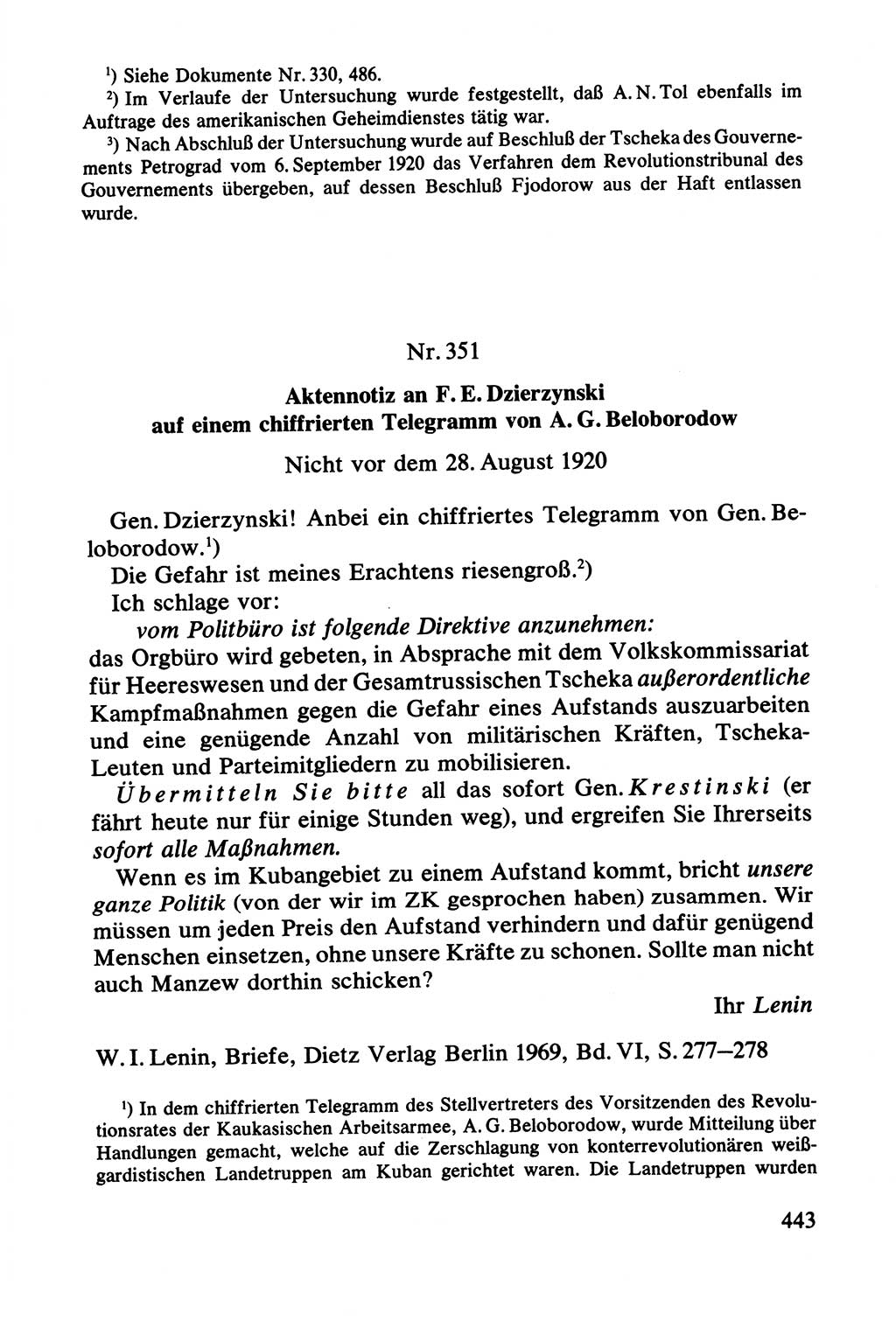 Lenin und die Gesamtrussische Tscheka, Dokumentensammlung, Ministerium für Staatssicherheit (MfS) [Deutsche Demokratische Republik (DDR)], Juristische Hochschule (JHS) Potsdam 1977, Seite 443 (Tscheka Dok. MfS DDR 1977, S. 443)