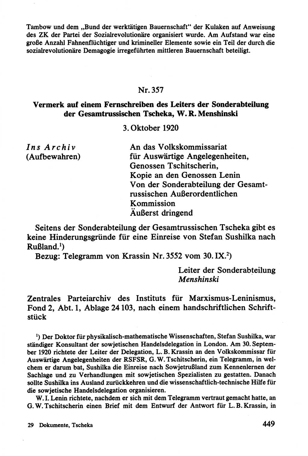 Lenin und die Gesamtrussische Tscheka, Dokumentensammlung, Ministerium für Staatssicherheit (MfS) [Deutsche Demokratische Republik (DDR)], Juristische Hochschule (JHS) Potsdam 1977, Seite 449 (Tscheka Dok. MfS DDR 1977, S. 449)