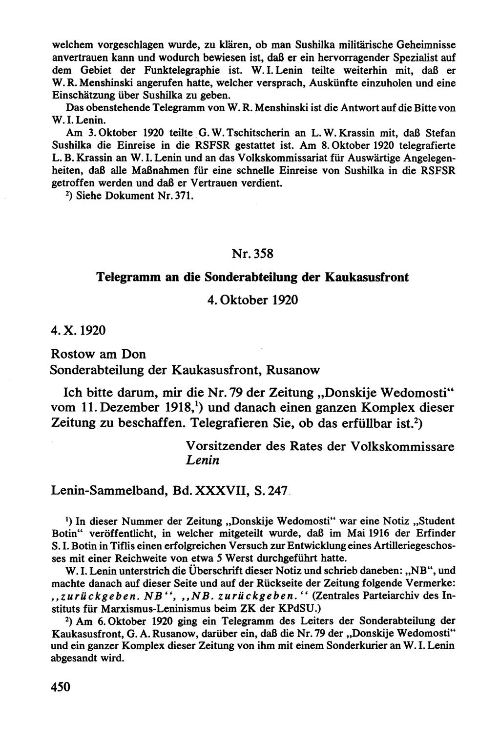 Lenin und die Gesamtrussische Tscheka, Dokumentensammlung, Ministerium für Staatssicherheit (MfS) [Deutsche Demokratische Republik (DDR)], Juristische Hochschule (JHS) Potsdam 1977, Seite 450 (Tscheka Dok. MfS DDR 1977, S. 450)