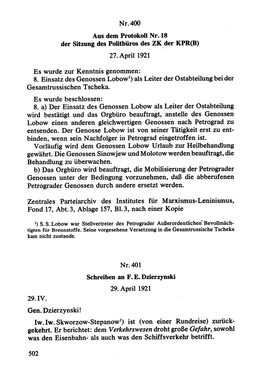 Lenin und die Gesamtrussische Tscheka, Dokumentensammlung, Ministerium für Staatssicherheit (MfS) [Deutsche Demokratische Republik (DDR)], Juristische Hochschule (JHS) Potsdam 1977, Seite 502 (Tscheka Dok. MfS DDR 1977, S. 502)