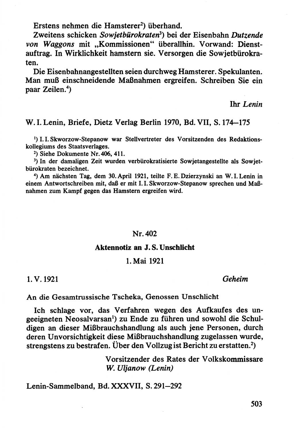 Lenin und die Gesamtrussische Tscheka, Dokumentensammlung, Ministerium für Staatssicherheit (MfS) [Deutsche Demokratische Republik (DDR)], Juristische Hochschule (JHS) Potsdam 1977, Seite 503 (Tscheka Dok. MfS DDR 1977, S. 503)