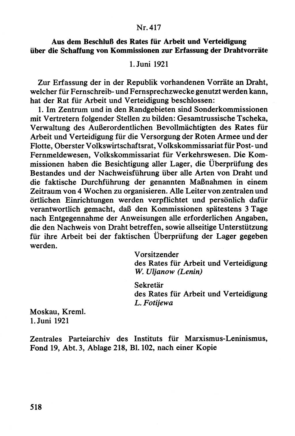 Lenin und die Gesamtrussische Tscheka, Dokumentensammlung, Ministerium für Staatssicherheit (MfS) [Deutsche Demokratische Republik (DDR)], Juristische Hochschule (JHS) Potsdam 1977, Seite 518 (Tscheka Dok. MfS DDR 1977, S. 518)