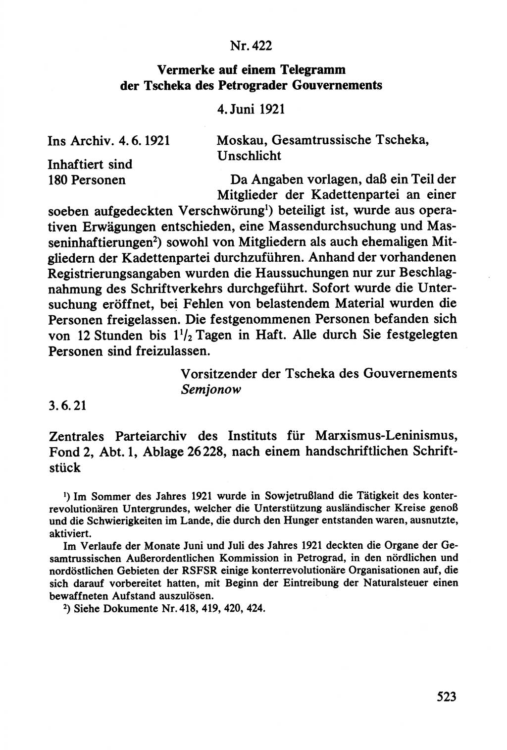 Lenin und die Gesamtrussische Tscheka, Dokumentensammlung, Ministerium für Staatssicherheit (MfS) [Deutsche Demokratische Republik (DDR)], Juristische Hochschule (JHS) Potsdam 1977, Seite 523 (Tscheka Dok. MfS DDR 1977, S. 523)