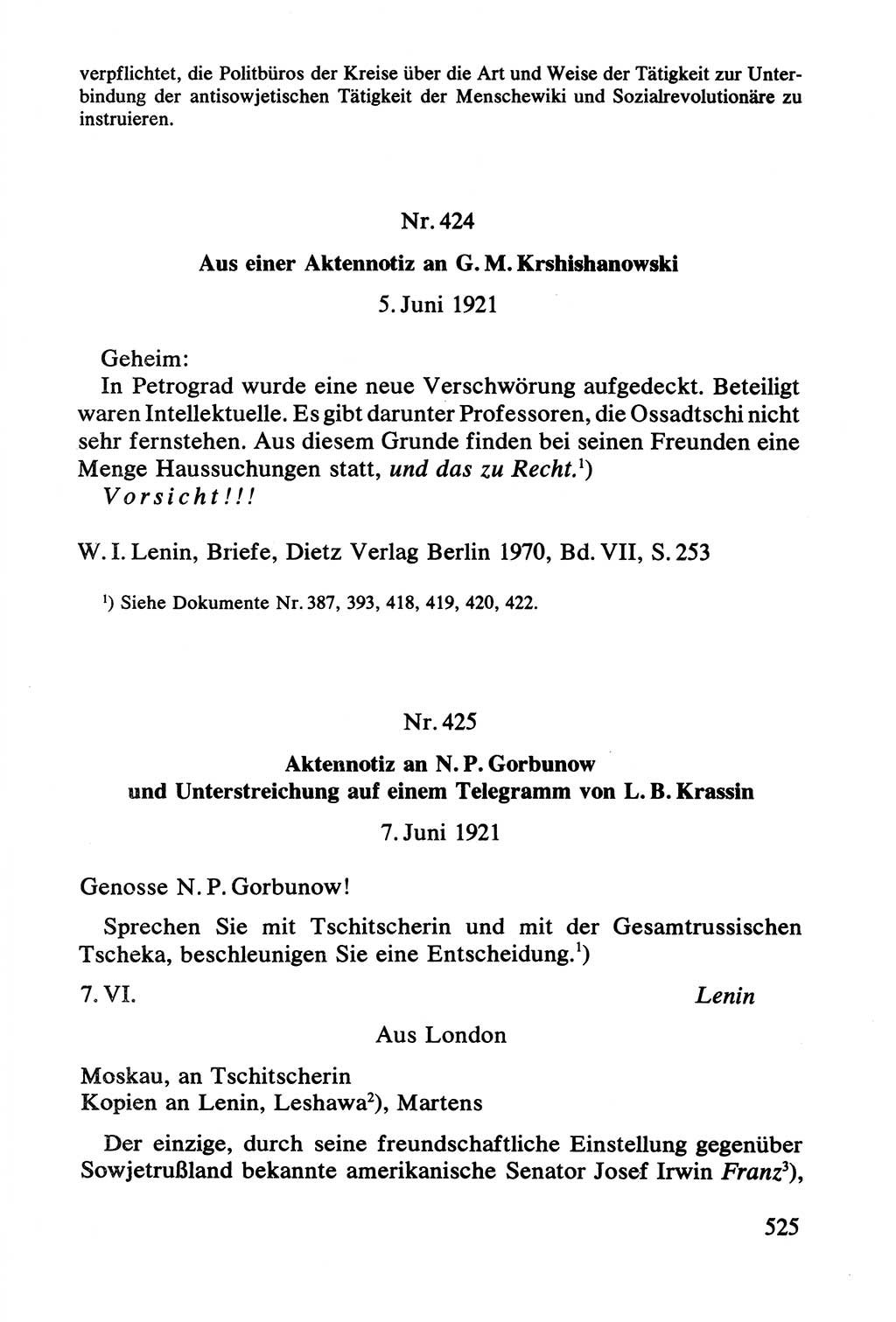 Lenin und die Gesamtrussische Tscheka, Dokumentensammlung, Ministerium für Staatssicherheit (MfS) [Deutsche Demokratische Republik (DDR)], Juristische Hochschule (JHS) Potsdam 1977, Seite 525 (Tscheka Dok. MfS DDR 1977, S. 525)