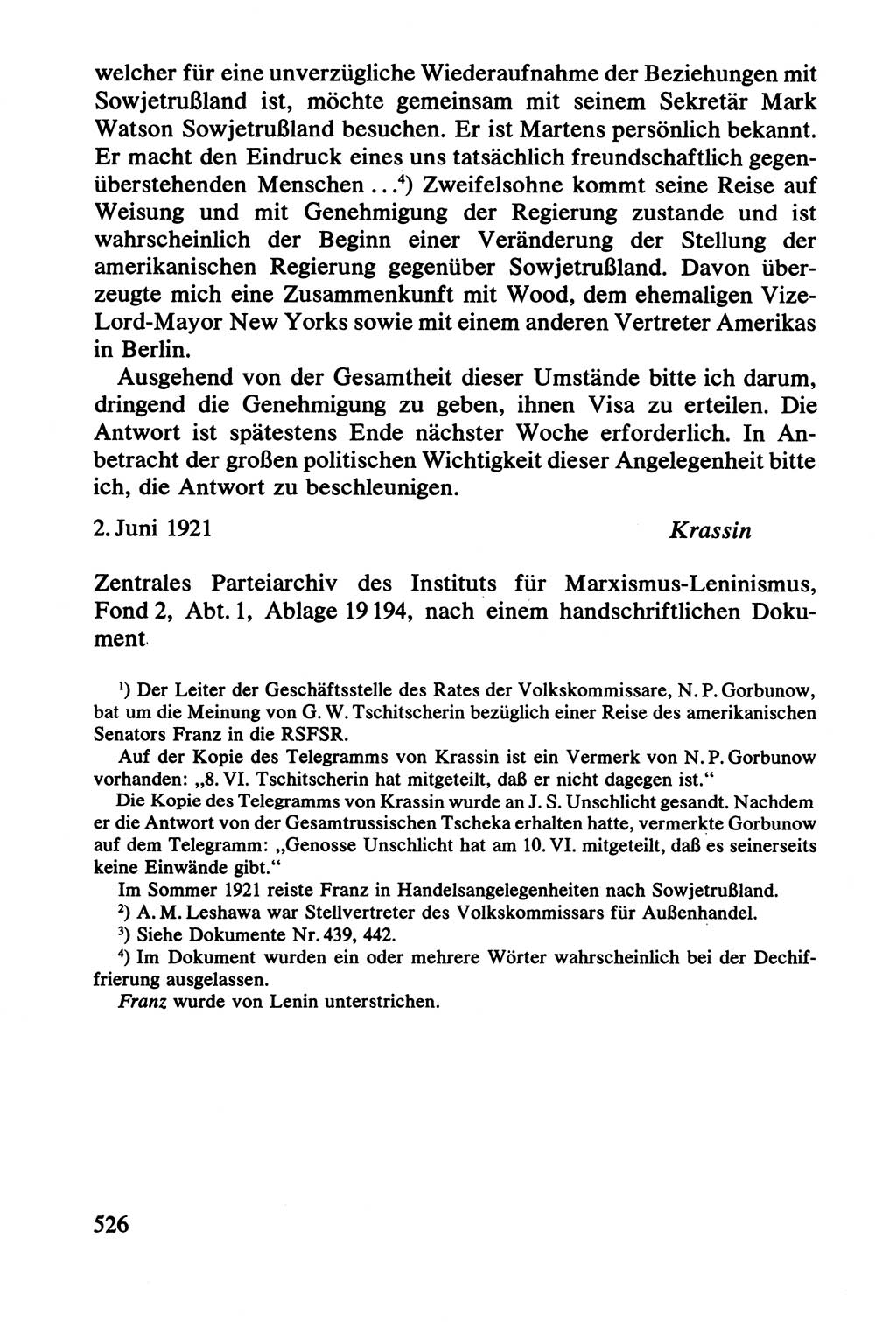 Lenin und die Gesamtrussische Tscheka, Dokumentensammlung, Ministerium für Staatssicherheit (MfS) [Deutsche Demokratische Republik (DDR)], Juristische Hochschule (JHS) Potsdam 1977, Seite 526 (Tscheka Dok. MfS DDR 1977, S. 526)