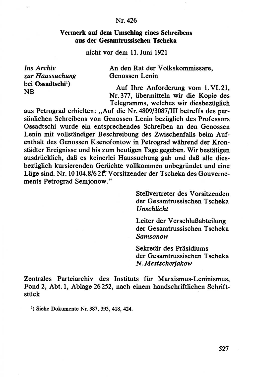 Lenin und die Gesamtrussische Tscheka, Dokumentensammlung, Ministerium für Staatssicherheit (MfS) [Deutsche Demokratische Republik (DDR)], Juristische Hochschule (JHS) Potsdam 1977, Seite 527 (Tscheka Dok. MfS DDR 1977, S. 527)