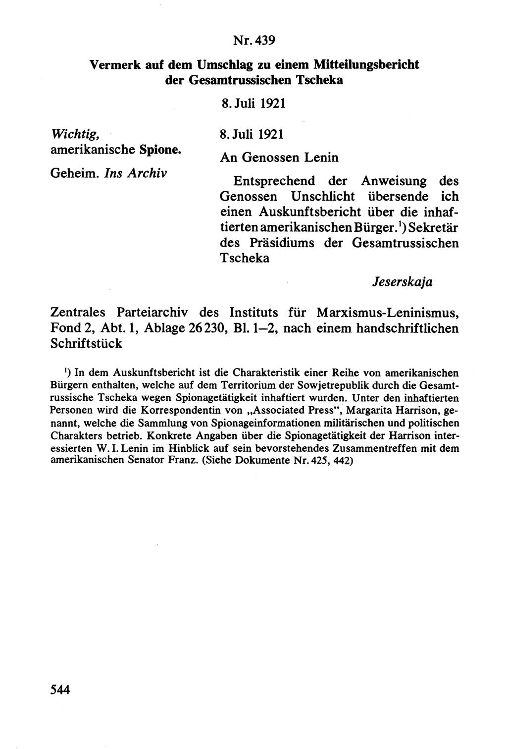 Lenin und die Gesamtrussische Tscheka, Dokumentensammlung, Ministerium für Staatssicherheit (MfS) [Deutsche Demokratische Republik (DDR)], Juristische Hochschule (JHS) Potsdam 1977, Seite 544 (Tscheka Dok. MfS DDR 1977, S. 544)