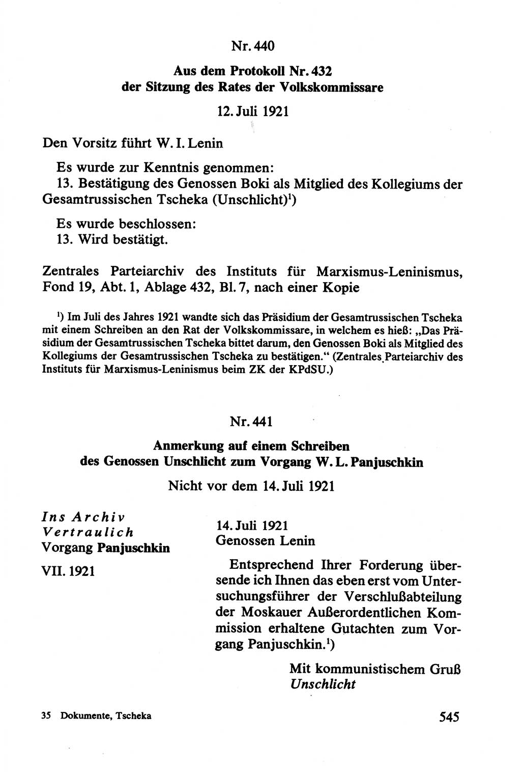 Lenin und die Gesamtrussische Tscheka, Dokumentensammlung, Ministerium für Staatssicherheit (MfS) [Deutsche Demokratische Republik (DDR)], Juristische Hochschule (JHS) Potsdam 1977, Seite 545 (Tscheka Dok. MfS DDR 1977, S. 545)