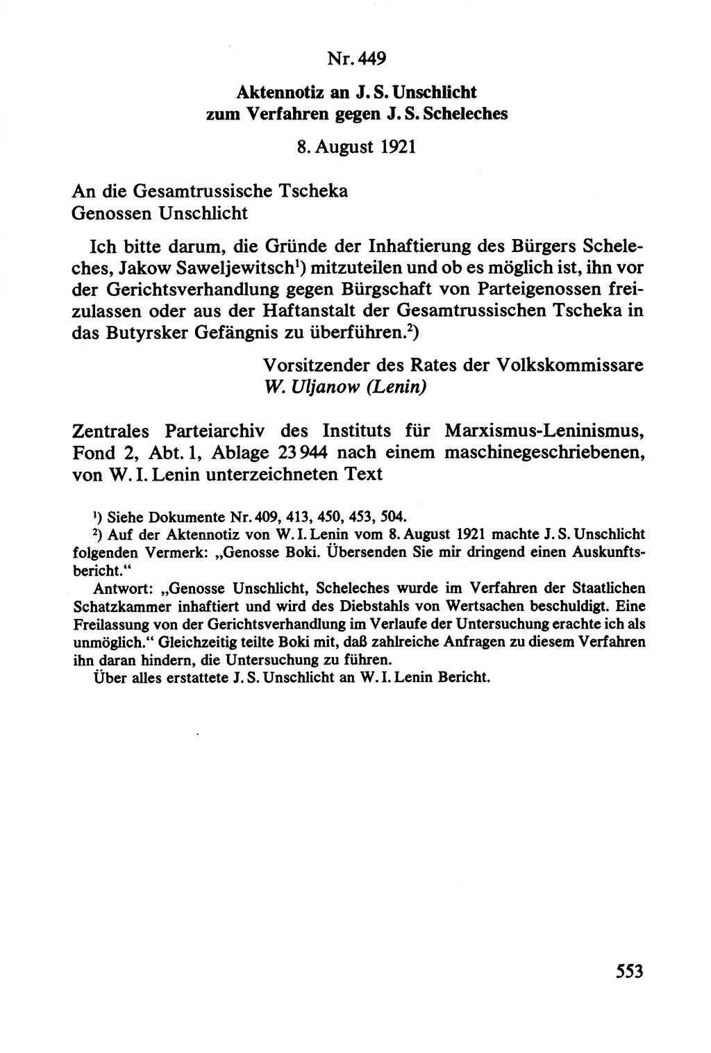 Lenin und die Gesamtrussische Tscheka, Dokumentensammlung, Ministerium für Staatssicherheit (MfS) [Deutsche Demokratische Republik (DDR)], Juristische Hochschule (JHS) Potsdam 1977, Seite 553 (Tscheka Dok. MfS DDR 1977, S. 553)