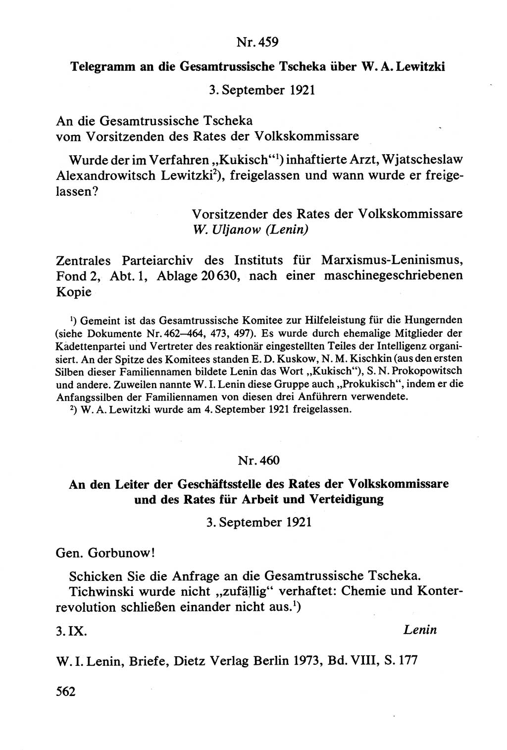 Lenin und die Gesamtrussische Tscheka, Dokumentensammlung, Ministerium für Staatssicherheit (MfS) [Deutsche Demokratische Republik (DDR)], Juristische Hochschule (JHS) Potsdam 1977, Seite 562 (Tscheka Dok. MfS DDR 1977, S. 562)