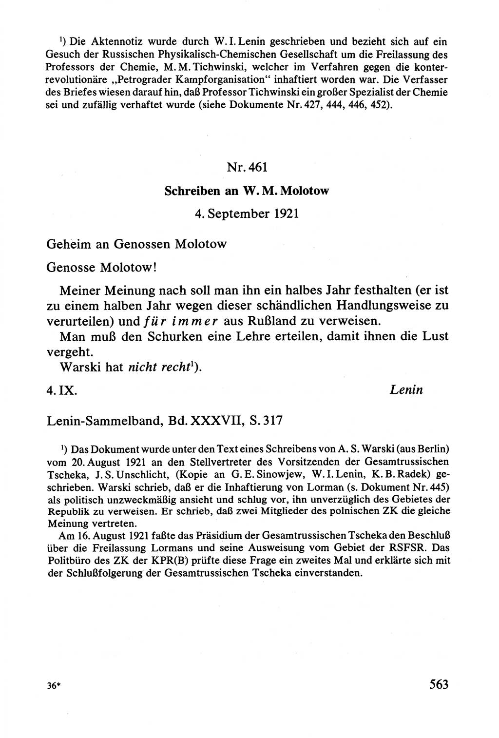 Lenin und die Gesamtrussische Tscheka, Dokumentensammlung, Ministerium für Staatssicherheit (MfS) [Deutsche Demokratische Republik (DDR)], Juristische Hochschule (JHS) Potsdam 1977, Seite 563 (Tscheka Dok. MfS DDR 1977, S. 563)