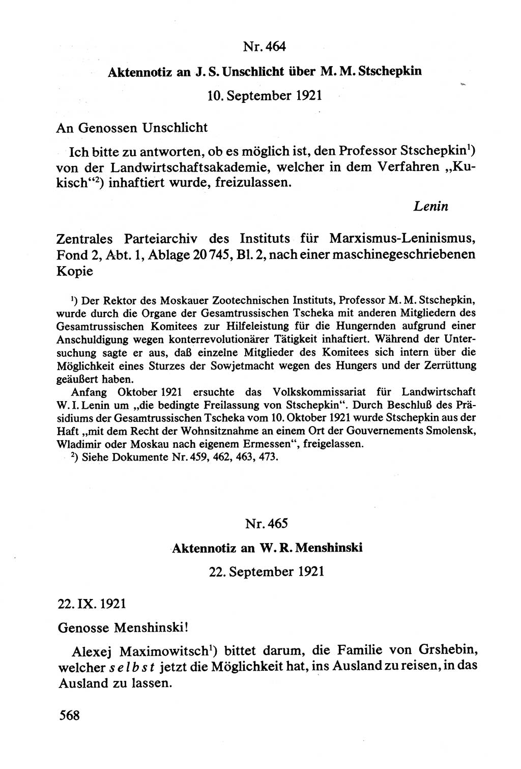 Lenin und die Gesamtrussische Tscheka, Dokumentensammlung, Ministerium für Staatssicherheit (MfS) [Deutsche Demokratische Republik (DDR)], Juristische Hochschule (JHS) Potsdam 1977, Seite 568 (Tscheka Dok. MfS DDR 1977, S. 568)